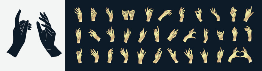 Wall Mural - set of vector female beauty hands silhouette. editable outline stroke size. line flat contour, thin 