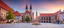 Brunswick, Germany. Panoramic Cityscape Image Of Historical Downtown Of Brunswick, Germany With St. Martini Church And Old Town Hall At Summer Sunset.
