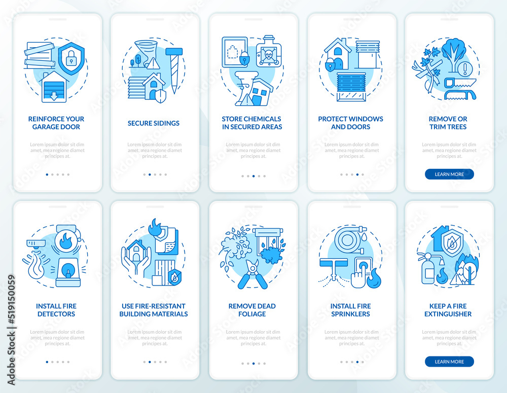 Disasters precautionary measures blue onboarding mobile app screen set ...