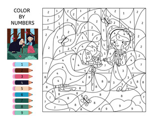 Wall Mural - Color by numbers. Educational game with Snow White and witch. Puzzle for kids. Fairy tale cartoon characters. Coloring page for book. Vector illustration.