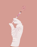 Fototapeta Tulipany - Nurse hand holding a syringe with little hearts inside. Beauty anti-age  injection concept illustration