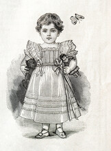 Little Girl Wearing Vintage Dress Toy Doll Antique Engraving