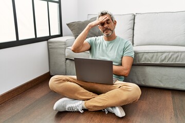 Sticker - Middle age hispanic man using laptop sitting on the floor at the living room covering eyes with hand, looking serious and sad. sightless, hiding and rejection concept