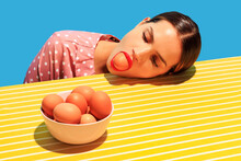 Creative Funny Image Of Young Woman And Eggs On Bright Yellow Tablecloth Isolated On Blue Background