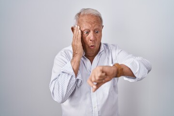 Poster - Senior man with grey hair standing over isolated background looking at the watch time worried, afraid of getting late