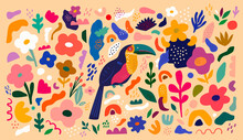 Trendy Creative Beautiful Illustration With Toucan And Flowers. Blooming Design With Bird. Vector Colorful Illustration With Tropical Flowers, Leaves And Bird