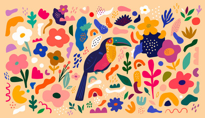Wall Mural - Trendy creative beautiful illustration with toucan and flowers. Blooming design with bird. Vector colorful illustration with tropical flowers, leaves and bird