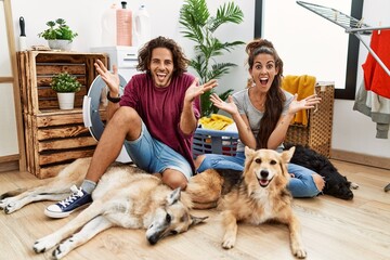 Sticker - Young hispanic couple doing laundry with dogs celebrating crazy and amazed for success with arms raised and open eyes screaming excited. winner concept