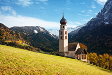 St. Valentin Kastelruth Village Church At The Autumn Dolomite Alps