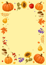 Frame With Autumn Plants. Harvest Illustration Of Vegetables And Leaves.