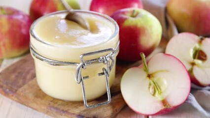 Wall Mural - Homemade Organic Applesauce, healthy apple sauce in small jar with fresh summer apples 