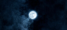 Backgrounds Night Sky With Moon And Clouds, Smoke Floats Up Outdoor At Nighttime With Moonlight.