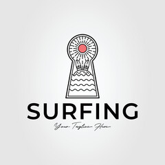 Wall Mural - surfing on ocean landscape with keyhole logo vector illustration design