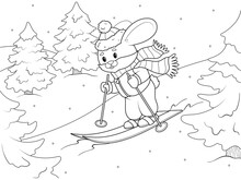 A Hare Skiing Down The Mountain. Winter Season, Ski Resort. Coloring Book, White Background, Black Lines.