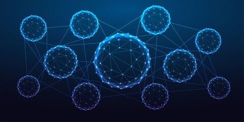 Wall Mural - Abstract infographic template with connected bubbles concept in futuristic glowing low polygon style