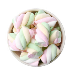 Wall Mural - Delicious colorful marshmallows in bowl isolated on white, top view