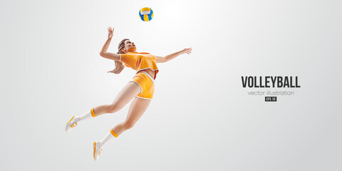 Realistic silhouette of a volleyball player on white background. Volleyball player man hits the ball. Vector illustration