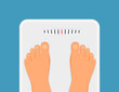 Woman is standing on bathroom scales,top view of feet. Weight measurement and control. Concept of healthy lifestyle, dieting and fitness