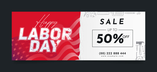 Wall Mural - happy Labor day facebook cover page timeline web ad banner template | Modern layout sale concept design red and white background