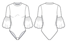 Women`s Bodysuit Fashion Flat Technical Drawing Template. Round Neck Bodysuit With Balloon Sleeve Fashion CAD, Front And Back View, White, Mockup.