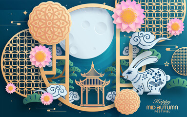 Wall Mural - Mid autumn festival paper art style with full moon, moon cake, chinese lantern and rabbits on background.