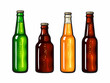 Hand drown set of beer bottles. Bottles of light and dark beer, soda or lemonade. Vector illustration.