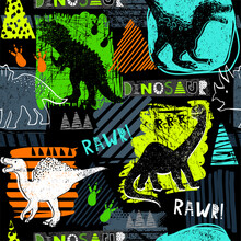 Grunge Seamless Pattern With Dinosaur On Dark Background. Print For Boys