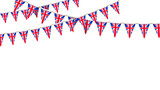 Fototapeta Londyn - UK flag garland. Union Jack pennants chain. British party bunting decoration. Great Britain flags for celebration. Footer and banner background.