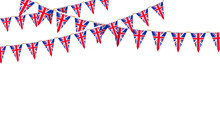 UK Flag Garland. Union Jack Pennants Chain. British Party Bunting Decoration. Great Britain Flags For Celebration. Footer And Banner Background.