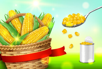 Wall Mural - Realistic Detailed 3d Organic Corn Ads Banner Concept Poster Card with Blank Tin Can and Rattan Basket. Vector illustration