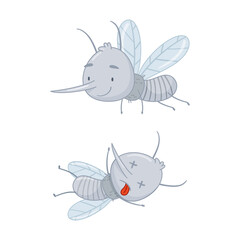  Cute mosquito set. Dead and flying parasitic insects cartoon vector illustration