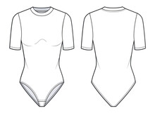 Bodysuit Fashion Flat Technical Drawing Template. Girls  Bodysuit With Short Sleeve, Round Neck, Fashion CAD Mockup, Front And Back View, White.