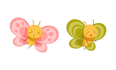 Wall Mural - Set of cute butterflies with pink and green wings. Cute insects with funny faces cartoon vector illustration