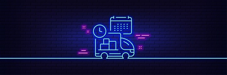 Canvas Print - Neon light glow effect. Delivery schedule line icon. Logistics calendar sign. Cargo reminder symbol. 3d line neon glow icon. Brick wall banner. Delivery outline. Vector