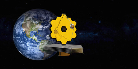 Wall Mural - james webb telescope in outer space near blue planet earth. 3d rendered illustration. elements of th
