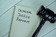 Concept of Criminal Justice Reform write on a book with gavel isolated on Wooden Table.