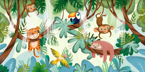 Plakat kot dzieci dżungla ptak