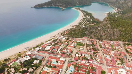 Wall Mural - Aerial drone view to Oludeniz village resort and lagoon Turkey