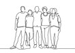 Group of people continuous one line vector drawing. Family, friends hand drawn characters. Continuous line drawing of diverse group of standing people. 