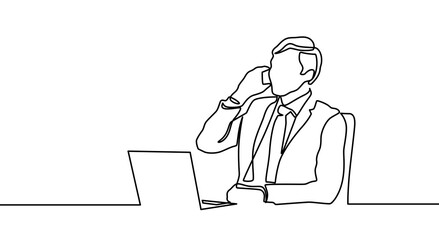 Wall Mural - Continuous line drawing of business man sits in the office and thinks while working with his laptop on a white background. talking to client on the phone  business man continuous one line drawing