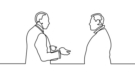 Wall Mural - Business discussion of men continuous line drawing one lineart design minimalist vector illustration. Single continuous line drawing of two young male startup founders.