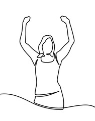 Wall Mural - Continuous line drawing of happy woman raising hands. Continuous line art or one line drawing of a woman stretching arms relaxing picture vector illustration. concept of freedom. Beautiful woman.