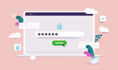 Wall Mural - login with password - laptop computer screen with password security. semi flat vector illustration