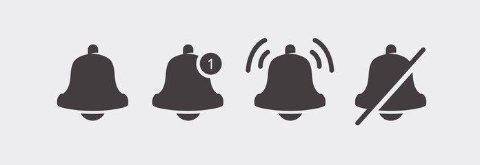 Wall Mural - notification bell icons set isolated on white background for alarm clock, subscribe button, smartpho