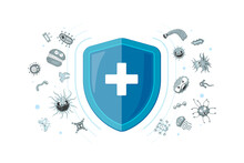 Immunity Hygienic Medical Prevention Blue Hygienic Shield Protecting From Virus Germs And Bacteria. Immune System Banner Design Concept. Microbiology And Medicine Vector Eps Illustration