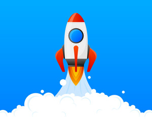 Business startup launching products. Start up and rocket concept. Vector illustration.