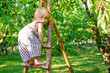 Striving upward, growth and development. A little girl climbs a wooden ladder. A brave child is not afraid of heights