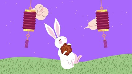 Poster - happy moon festival animation with rabbit