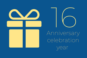 16 logo. 16 years anniversary celebration text. 16 logo on blue background. Illustration with yellow gift icon. Anniversary banner design. Minimalistic greeting card.  sixteen  postcard