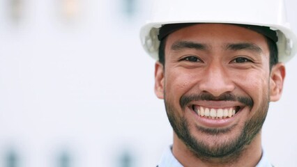 Canvas Print - Confident contractor and maintenance manager smiling and laughing at a construction site with copy space. Portrait of a happy engineer with a hardhat overseeing a successful project development